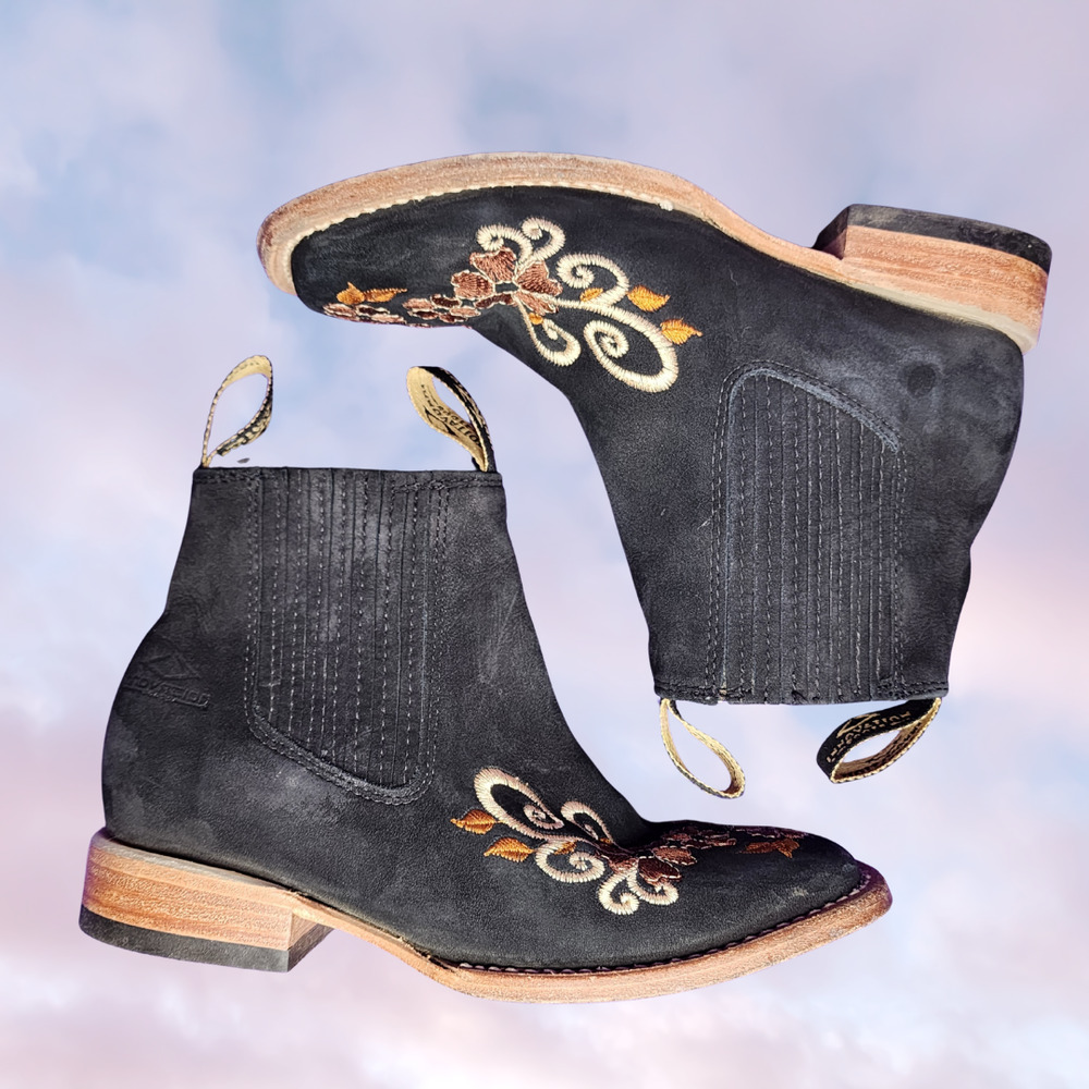 Innovation Black Western Leather Pull On Embroidered Square Toe Chelsea Boot 6 - Picture 3 of 7
